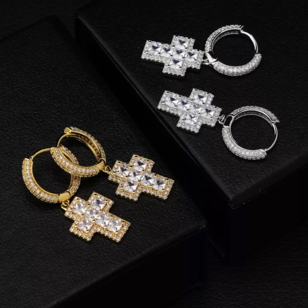 925 Silver Pave Huggie w/ Dangling Cross Earrings